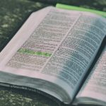 Open Bible with highlighted text on a rustic surface, conveying study and reflection.
