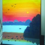 Sunset landscape painting with vibrant colors, a mountain range, birds, a canoe on a lake, and silhouetted trees.