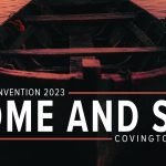 Alt text: GC Convention 2023 invitation, 'Come and See,' Covington, KY with boat and serene water at sunset.