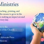 Hands holding Earth, promoting GC Ministries' global faith impact through teaching, printing, and church support.