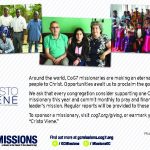 GC Missions flyer promoting Cristo Viene mission support; includes images from Burundi, Chile, and India.